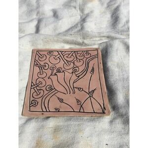 Handmade art pottery pink mushroom square tile 6” signed river angel fish